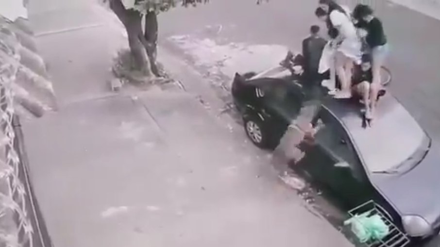 VDEO: crianas sobem em carro para fugir de ataque de pitbull